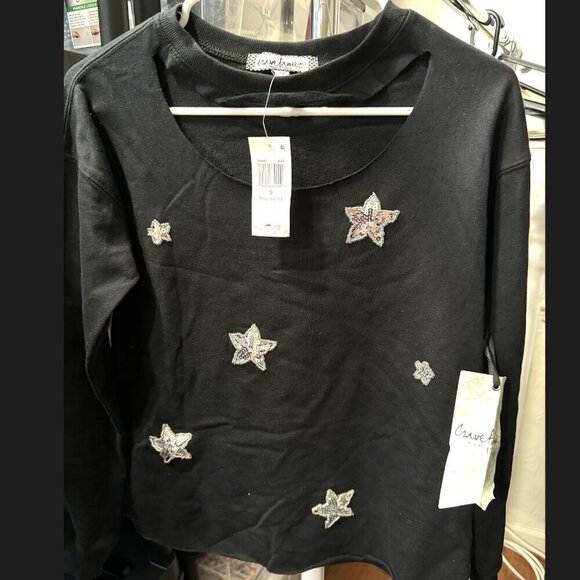 Almost Famous Junior Sequin Star Graphic Choker Sweatshirt Top Black Small S NWT - Picture 3 of 4